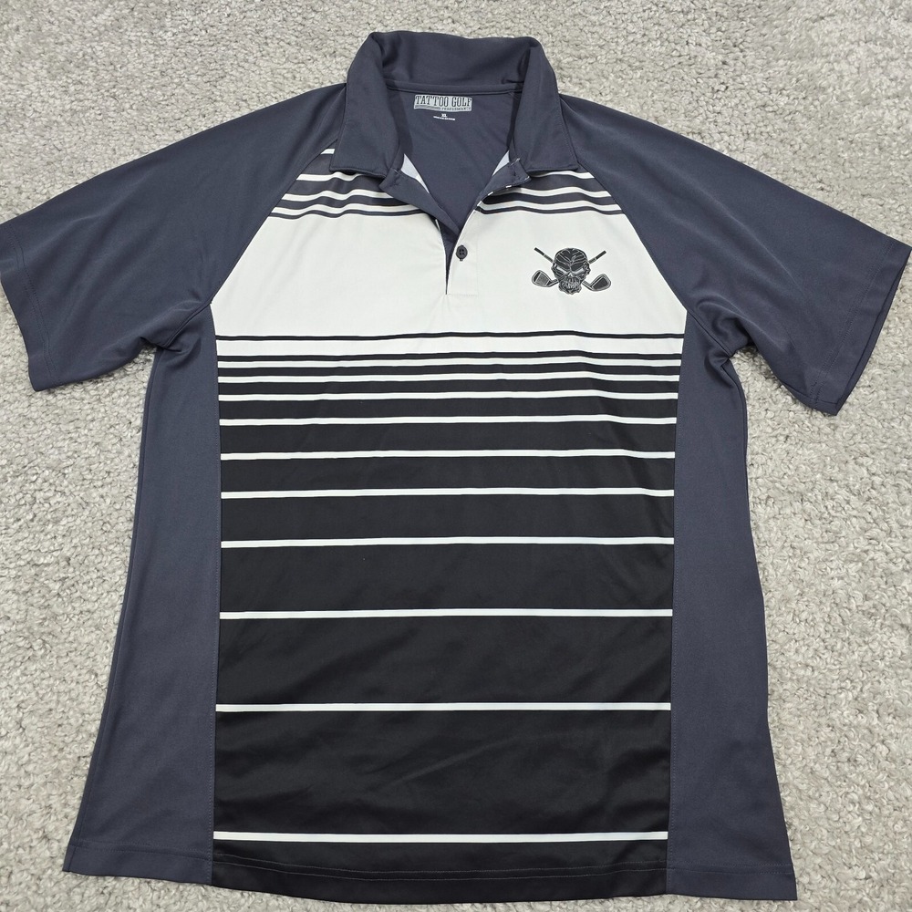 Tattoo Golf Performance Polo Mens XL Grey Black Striped Skull Logo Edgy Goth
